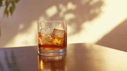 Neatly Placed Glass of Rum with Ice on a Polished Table Corner, Featuring Ample Empty Space for Adding Text or Additional Visuals copy space