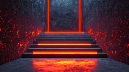 Neon Steps in Dark Lava Tunnel
