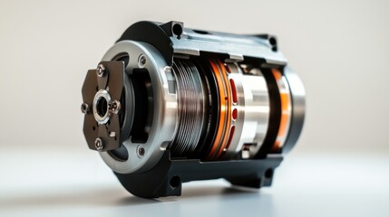 Exposed cross-section of a sophisticated metallic machinery piece on bright table against a soft, neutral background