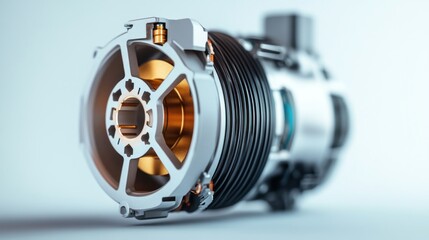 Motor cutaway view of interior components, industrial setup, machine structure, detailed, close-up, white background