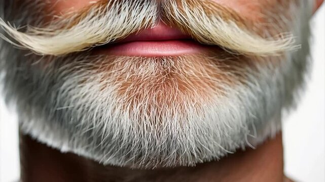 Man gray hair moustache style features, super-thin strip of hair that outlines upper lip in close up and zoom in camera view