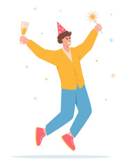 Smiling happy jumping man with drink and lights. Male character celebrating. Fun birthday, Party, holiday, sale concept. Vector illustration.
