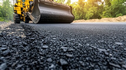 Asphalt Roller Compacting Freshly Laid Blacktop on Roadway Surface