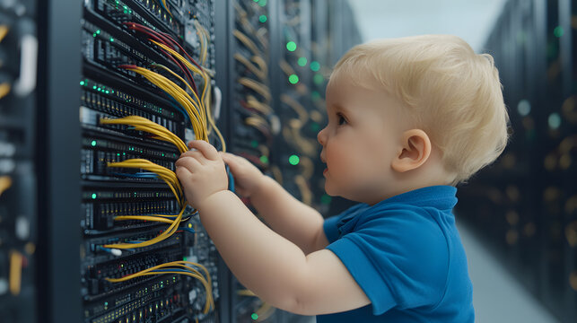 A young child curiously examines the cables and connections of a server rack, lost in wonder at the complex technology before them.