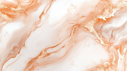 High-detail close-up of rose gold marble with fluid metallic veins on a white background.