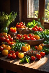 vibrant display fresh ingredients artfully arranged rustic wooden table enticing culinary experience, colors, arrangement, organic, vegetables, fruits