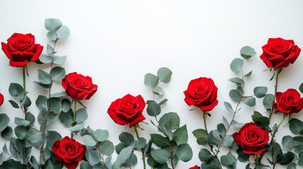 Stunning close-up of red roses and eucalyptus on white for modern design.