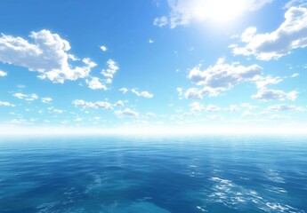 Obraz premium Serene Blue Ocean Under a Bright Sky with Fluffy Clouds and Reflections Illuminated by the Warm Sunlight of a Clear Day