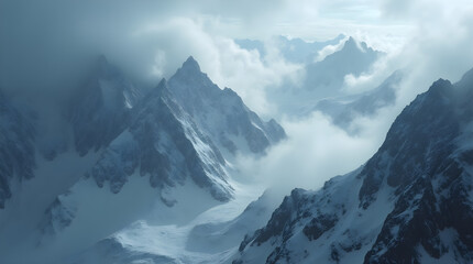 Majestic Snowy Mountain Peaks Jagged Peaks Misty Clouds - Cold Winter Alpine Landscape Aerial View High Altitude Scenic Vista Mountain Ranges Scenery