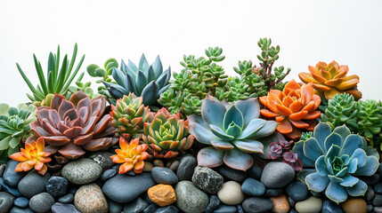 Fototapeta premium Stunning close-up of a terrarium featuring earthy succulents and pebbles on a white backdrop.