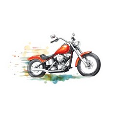 Orange motorcycle illustration, a vivid and dynamic portrayal of a classic vehicle with watercolor accents.