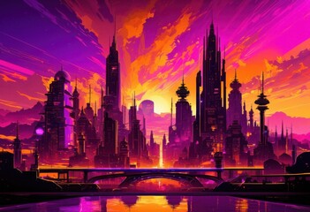 Fototapeta premium stunning silhouettes gears landmarks vibrant sunset sky radiant colors dynamic visual elements, horizon, light, travel, scenery, nature, view, landscape