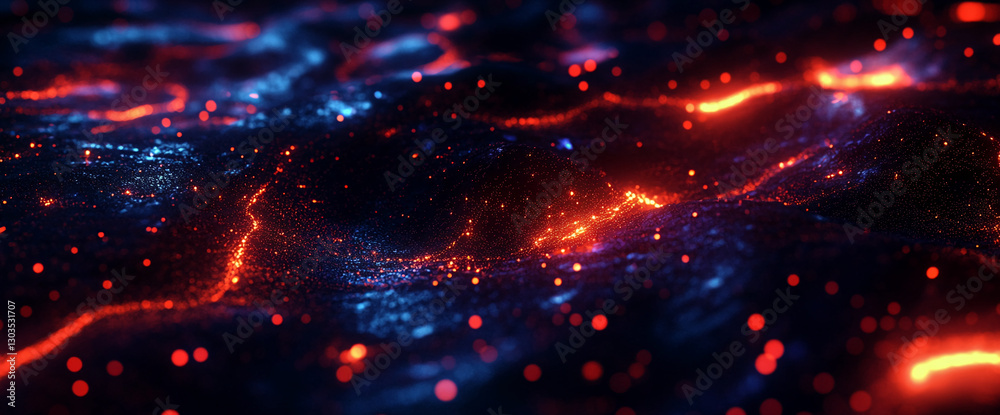 Poster Abstract image of glowing particles, red and blue hues, creating a dynamic, energetic texture suitable as a background for various designs