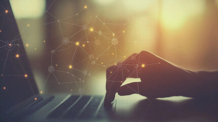 "Finger typing on a digital screen with binary code and data connections overlaying a blurred office background, symbolizing innovation, technology, and modern business concepts.