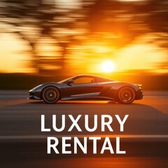 Sleek exotic sports car speeds along a highway during a golden sunset, capturing speed and modern design.