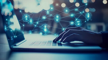 "Finger typing on a digital screen with binary code and data connections overlaying a blurred office background, symbolizing innovation, technology, and modern business concepts.