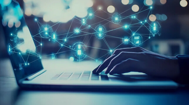 "Finger typing on a digital screen with binary code and data connections overlaying a blurred office background, symbolizing innovation, technology, and modern business concepts. - Powered by Adobe