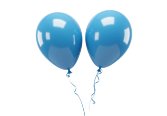 A pair of floating helium filled blue balloons tied with thin curling ribbons at the bottom isolated on transparent background