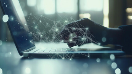"Finger typing on a digital screen with binary code and data connections overlaying a blurred office background, symbolizing innovation, technology, and modern business concepts.