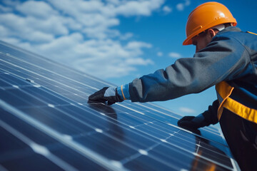 Professional technician installing solar panels under a bright blue sky with copy space 
