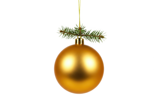 A single round golden Christmas ornament ball hanging from a delicate gold string isolated on transparent background
