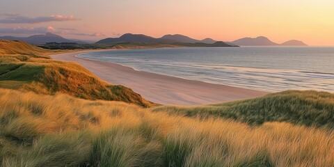 Serene Coastal Landscape at Golden Hour with Gentle Waves and Rolling Sand Dunes Under Vibrant Sky in Evening Light