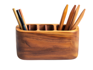 Wooden pen holder with various writing instruments.
