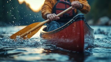 A close-up view of a person paddling a canoe through clear calm water with splashes around the paddle. Generative AI