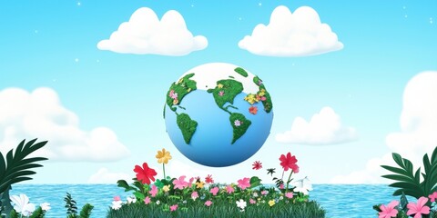 Naklejka premium Earth Day 3D Render of a Flower Adorned Earth Above a Tranquil Ocean