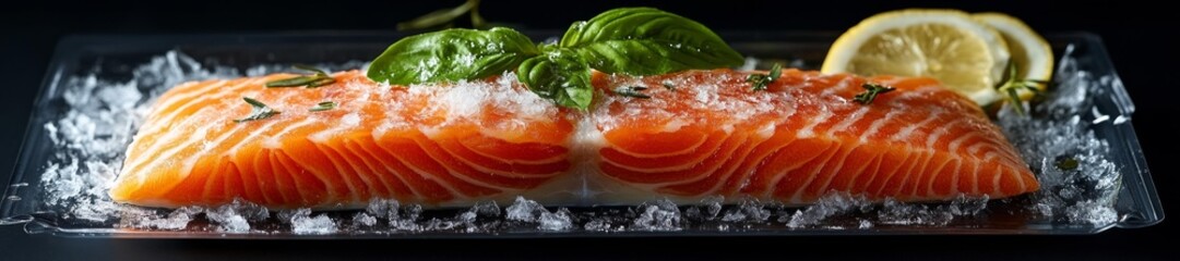 Frozen Salmon Fillet with Lemon and Fresh Herbs on Ice. Generative AI