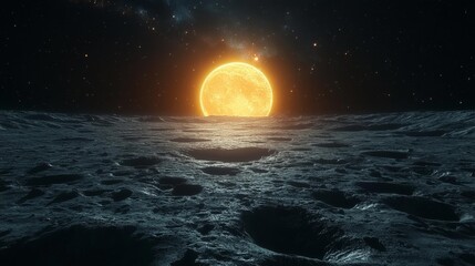 Obraz premium Moon Landscape with Rising Sun in Space and Stars in Background. Generative AI