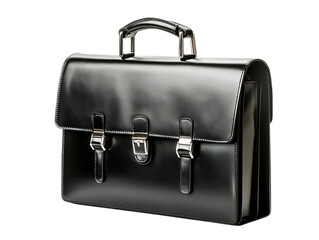 Elegant black leather briefcase, isolated on black background.