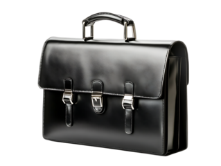Elegant black leather briefcase, isolated on black background.