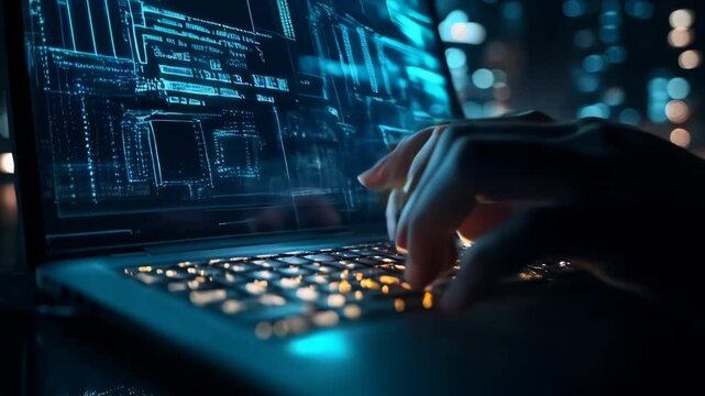A hacker at work on a computer with a digital background of code and web elements