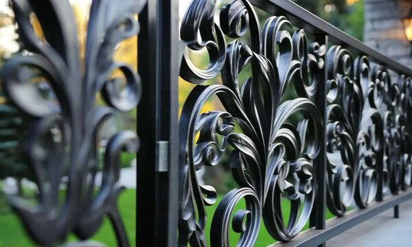 Ornate Black Wrought Iron Fence Detail, Elegant Garden Design