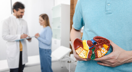 Human liver disease, diagnosis and treatment. Doctor gastroenterologist showing liver anatomical...