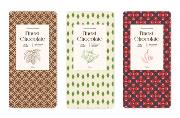 Chocolate Labels Set. Abstract Vector Packaging Design Layouts Collection. Modern Typography, Sea Salt, Matcha Green Tea, Chili Pepper tastes