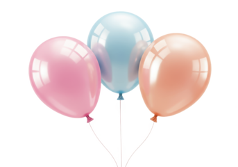 A set of three helium filled balloons with a soft iridescent sheen isolated on transparent background