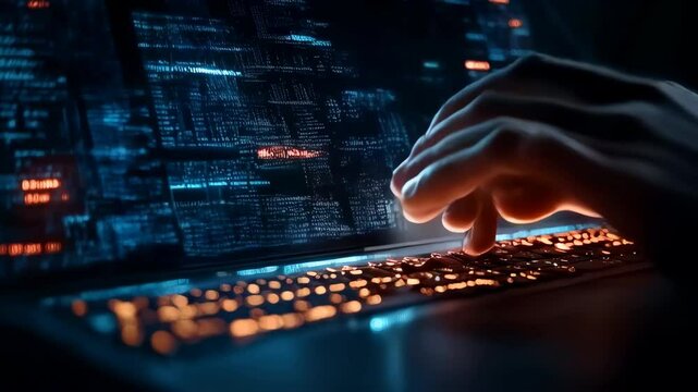 A hacker at work on a computer with a digital background of code and web elements