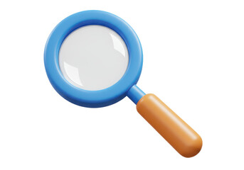 A 3D render of a playful toy like magnifying glass with a thick blue plastic frame isolated on transparent background