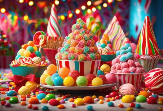 colorful candy display whimsical treats featuring bright gummy funky candy ice cream cones playful setting, rainbow, lgbtq, lgbt, pride, love, equality, bear