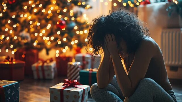 Sad woman sits alone by Christmas tree gifts