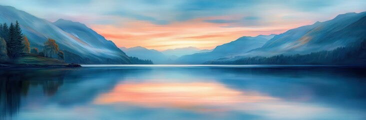 Serene Dawn Reflections Over Calm Lake Surrounded by Majestic Mountains and Lush Green Forest in a Peaceful Nature Landscape Scene