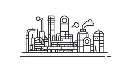 Industrial complex line art illustration, factory buildings, pipes, smokestacks, possible use in technical documentation or educational material