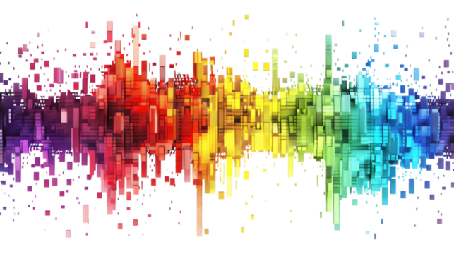 Rainbow-colored digital pixel art, modern design, isolated on white