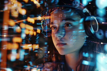 School student wearing VR headset using AI artificial intelligence technology & machine learning. Interactive technology in classroom. Innovation & smart tech. AI hologram in education and gaming