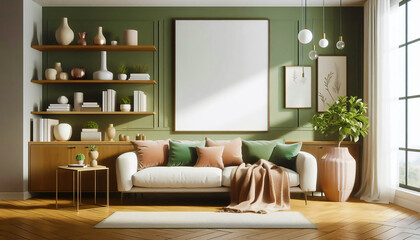 A stylish green living room featuring a blank framed poster mockup for design inspiration.