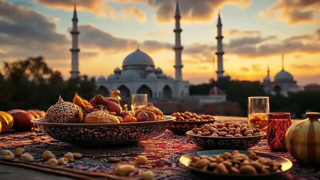 A sunset table setting with traditional dishes and nuts, showcasing cultural hospitality.