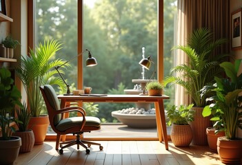 Fototapeta premium captivating workspace nature elements minimal distractions enhanced productivity relaxation, plants, decor, organization, furniture, lighting, aesthetics