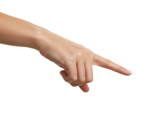 A close-up of an elegant female hand pointing downward with an extended index finger isolated on transparent background